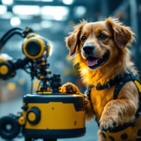 A photograph of a lively dog interacting with a robotic device in an industrial setting