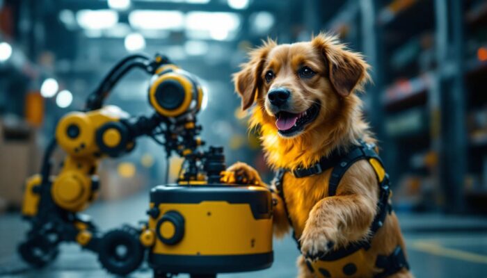 A photograph of a lively dog interacting with a robotic device in an industrial setting