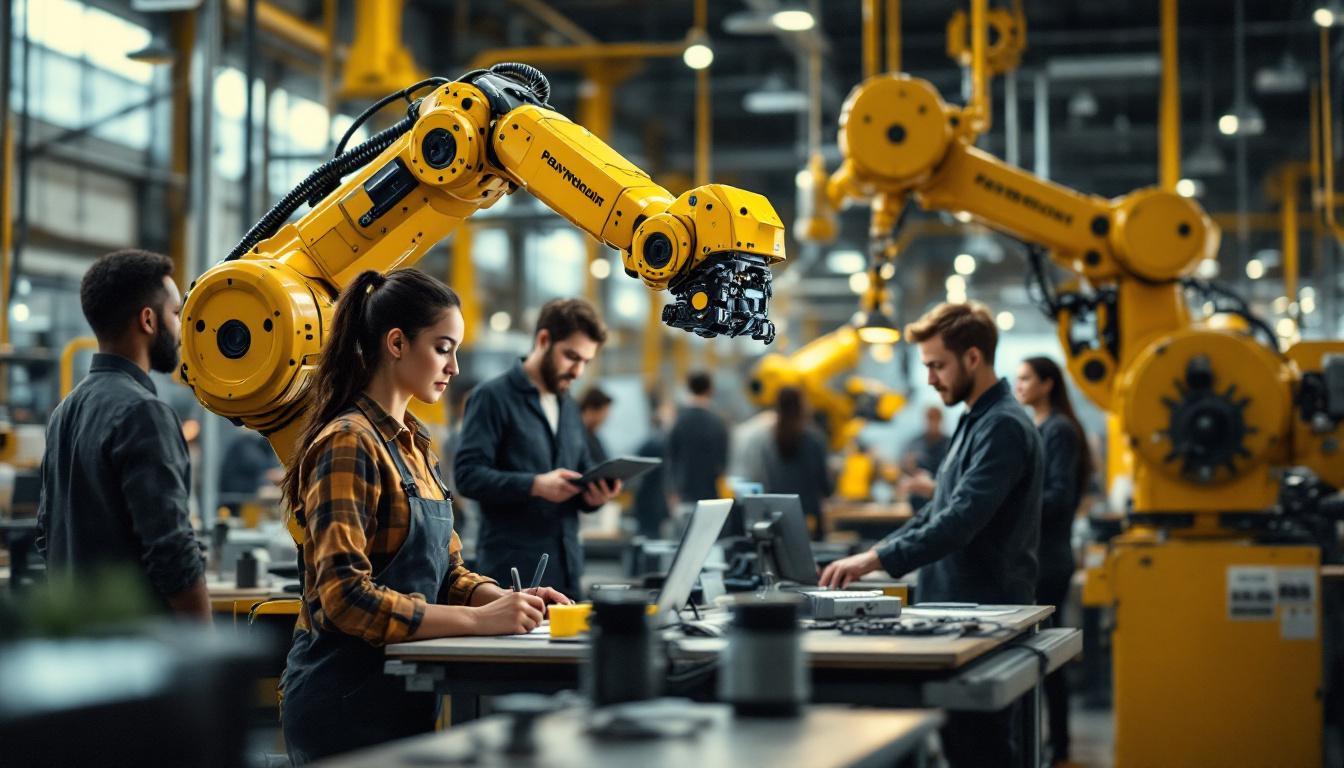 A photograph of a dynamic industrial setting showcasing a robotic arm in action alongside a diverse group of employees engaged in payroll tasks