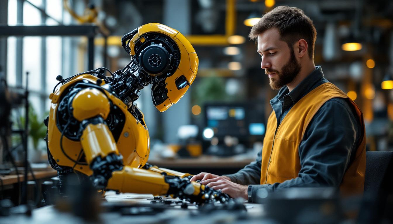 A photograph of a boston-based software engineer collaborating with an industrial robot in a modern workspace
