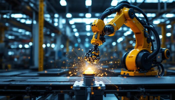 A photograph of capture a photograph of a modern industrial robot in action