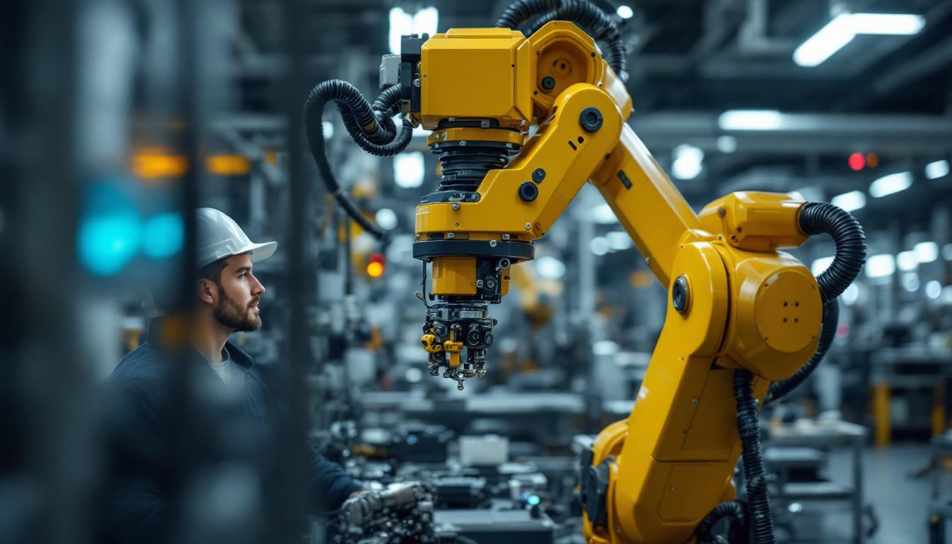 A photograph of a skilled engineer working on an industrial robotic arm in a modern manufacturing facility
