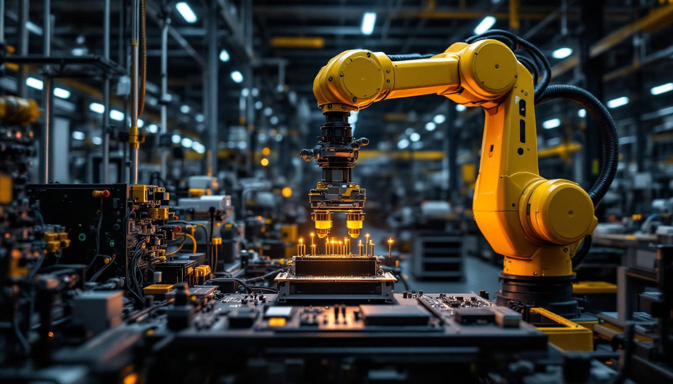 A photograph of a dynamic industrial setting showcasing a robotic arm in action alongside electronic components
