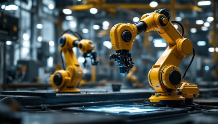 A photograph of a modern industrial robot in action alongside a rover dc