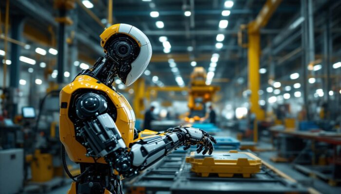 A photograph of a sleek industrial robot in action within a manufacturing facility