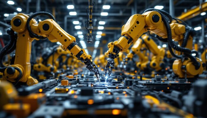 A photograph of a dynamic industrial robotics environment