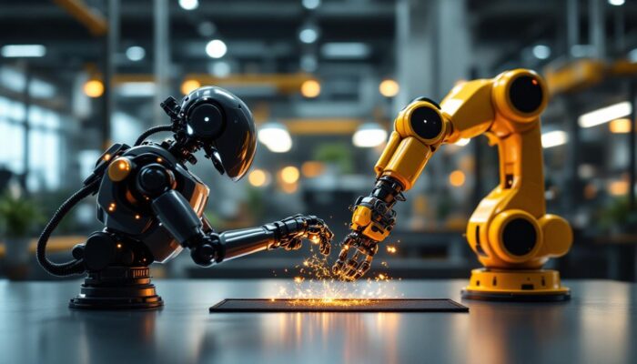 A photograph of a dynamic scene featuring a spot on k9 robot and an industrial robotic arm working collaboratively in a modern workspace