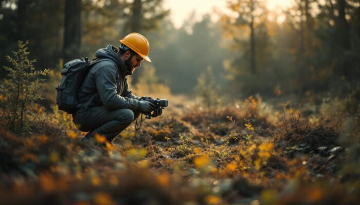 A photograph of capture a photograph of an environmental scientist conducting field research in a massachusetts landscape