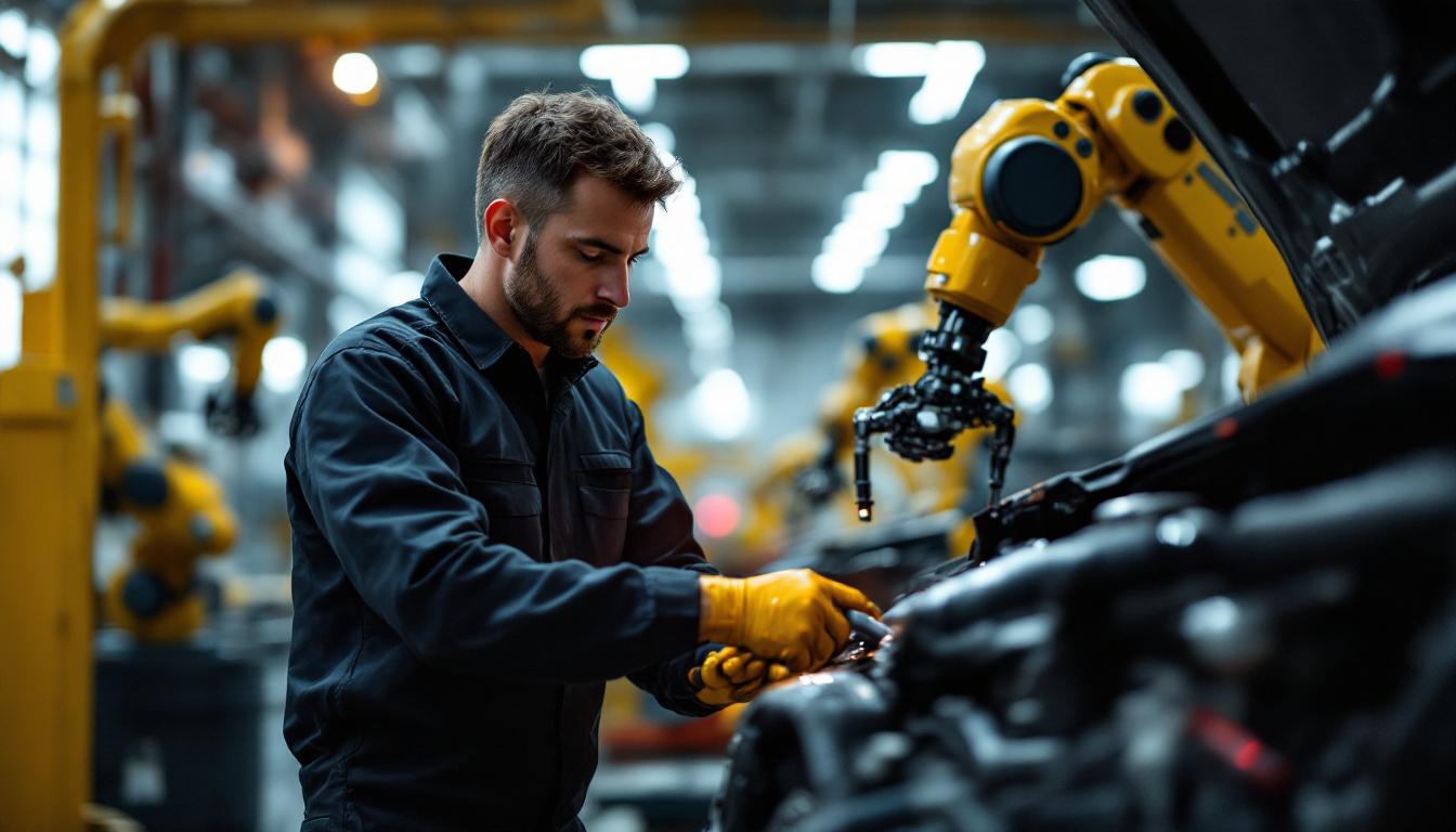 A photograph of a mobile mechanic working on a vehicle in an industrial setting