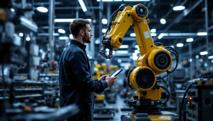 A photograph of a skilled technician programming or interacting with an industrial robot in a modern manufacturing setting