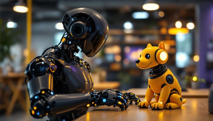 A photograph of a sleek industrial robot in action alongside a friendly