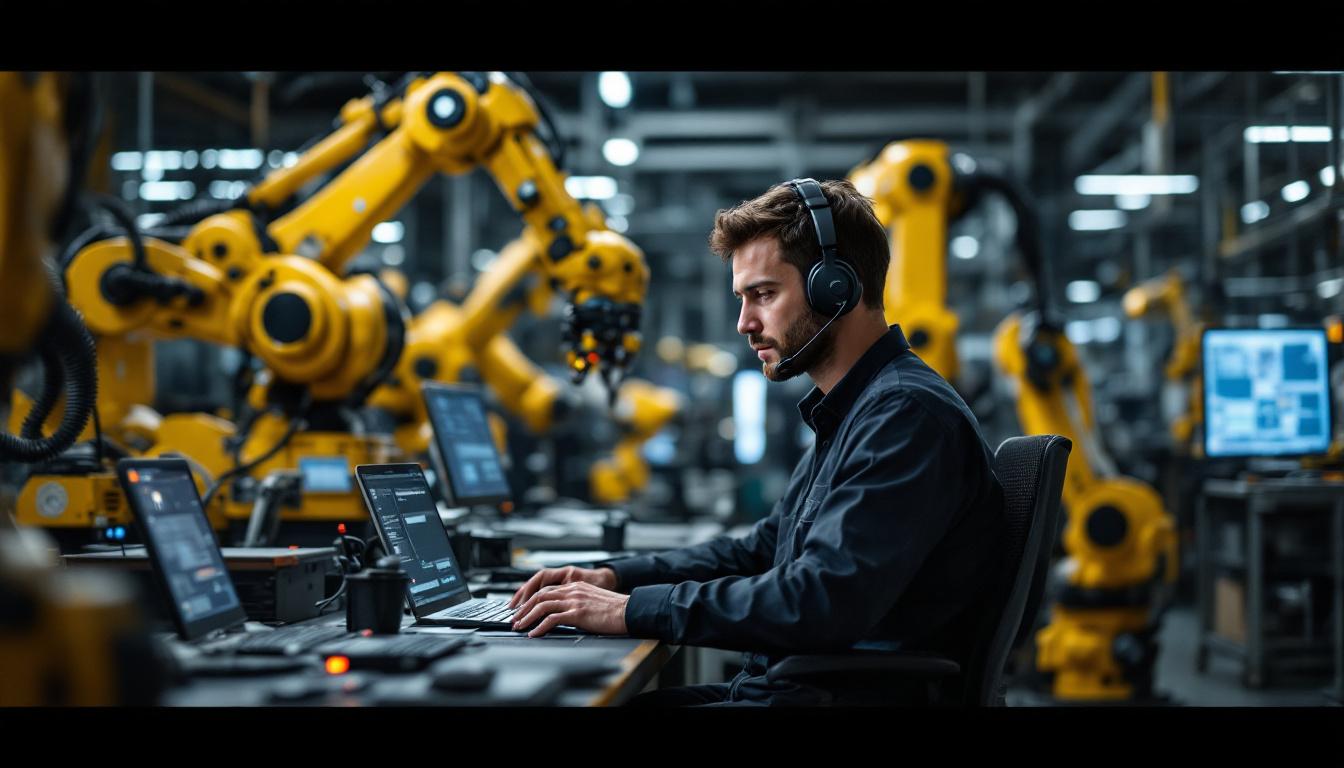 A photograph of a support engineer working intently at a workstation surrounded by industrial robotics
