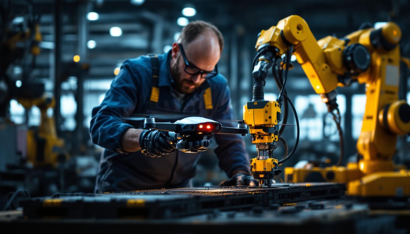 A photograph of a skilled technician working on a uav (drone) alongside an industrial robot in a modern workshop setting