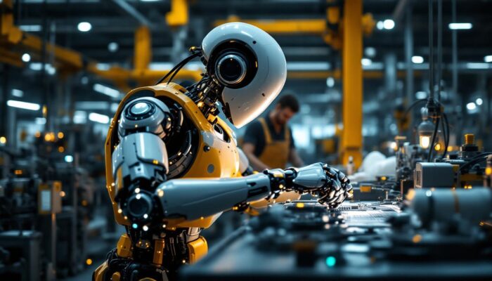 A photograph of a sleek industrial robot in action within a modern manufacturing environment