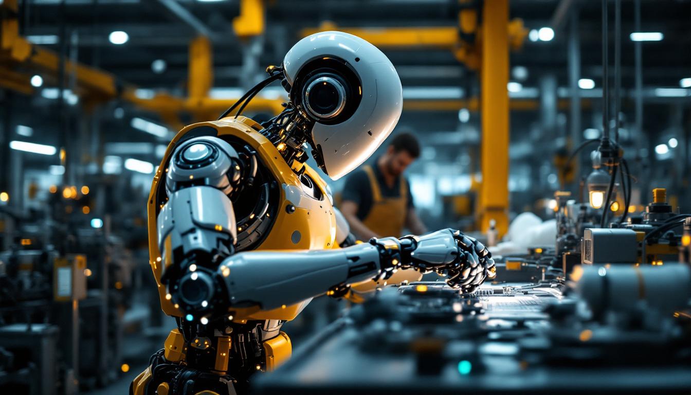 A photograph of a sleek industrial robot in action within a modern manufacturing environment