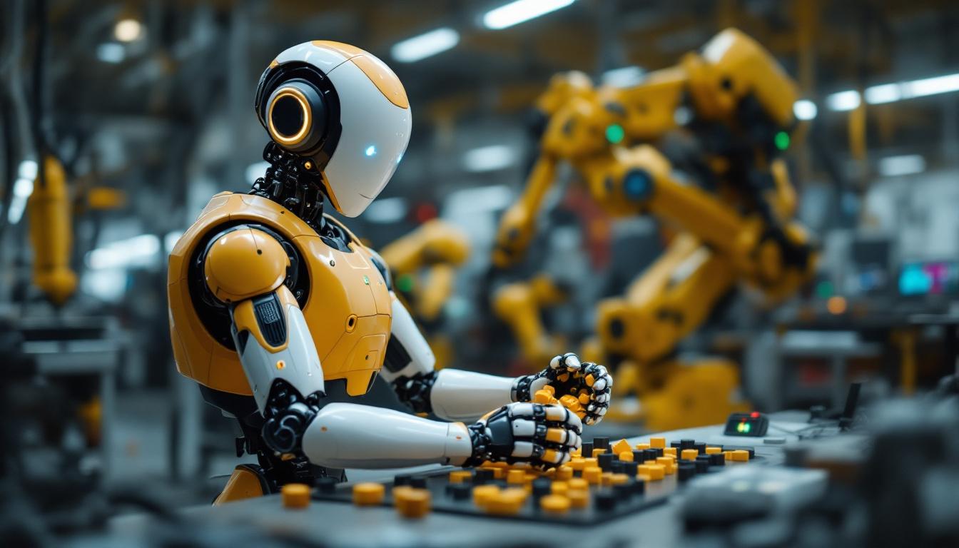 A photograph of a humanoid robot engaging in an interactive game alongside industrial robots in a dynamic workspace
