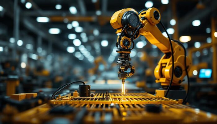 A photograph of capture a photograph of an industrial robot in action at lux motors chicago