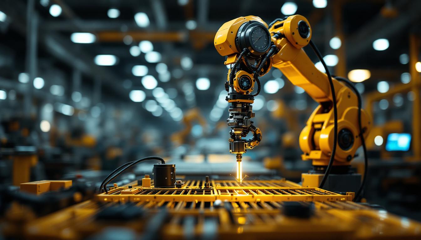 A photograph of capture a photograph of an industrial robot in action at lux motors chicago