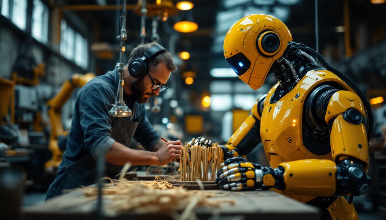 A photograph of a skilled artisan using traditional cane weaving techniques alongside a modern industrial robot in a workshop setting