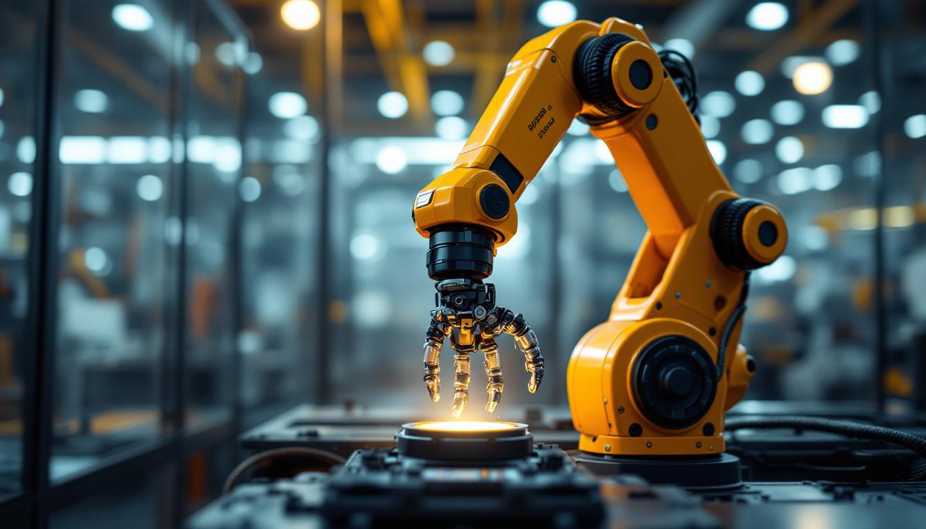 A photograph of a sleek industrial robotic arm in action within a modern manufacturing environment