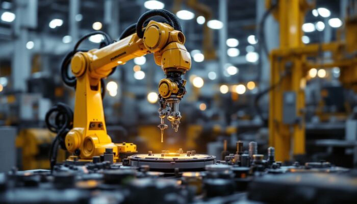 A photograph of a modern industrial robotic arm in action within a manufacturing environment