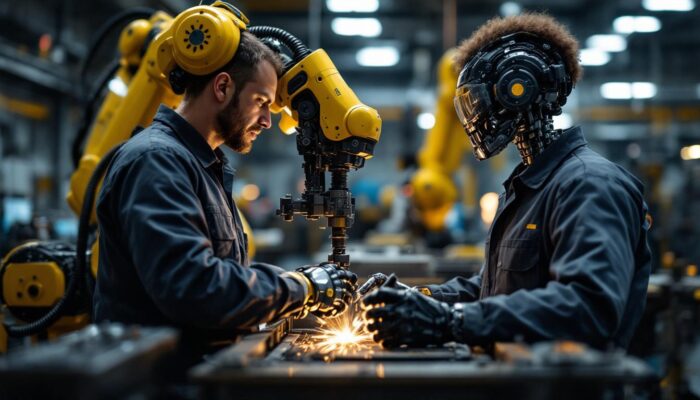 A photograph of a skilled technician using an l-shaped tool alongside an industrial robot in a dynamic workspace