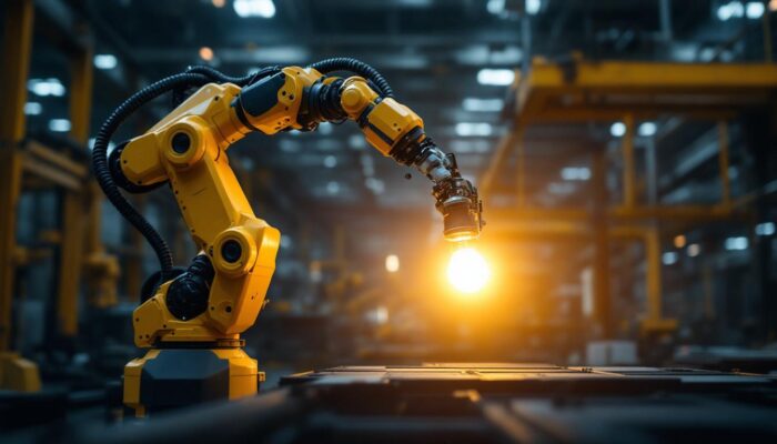 A photograph of a dynamic industrial setting where a robotic arm is skillfully manipulating a spotlight
