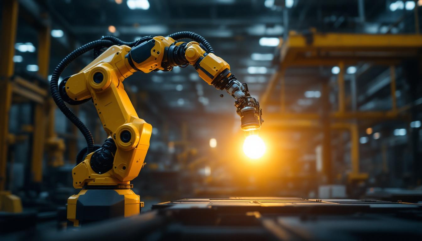 A photograph of a dynamic industrial setting where a robotic arm is skillfully manipulating a spotlight