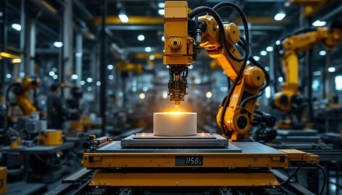 A photograph of capture a photograph of an industrial robot in action