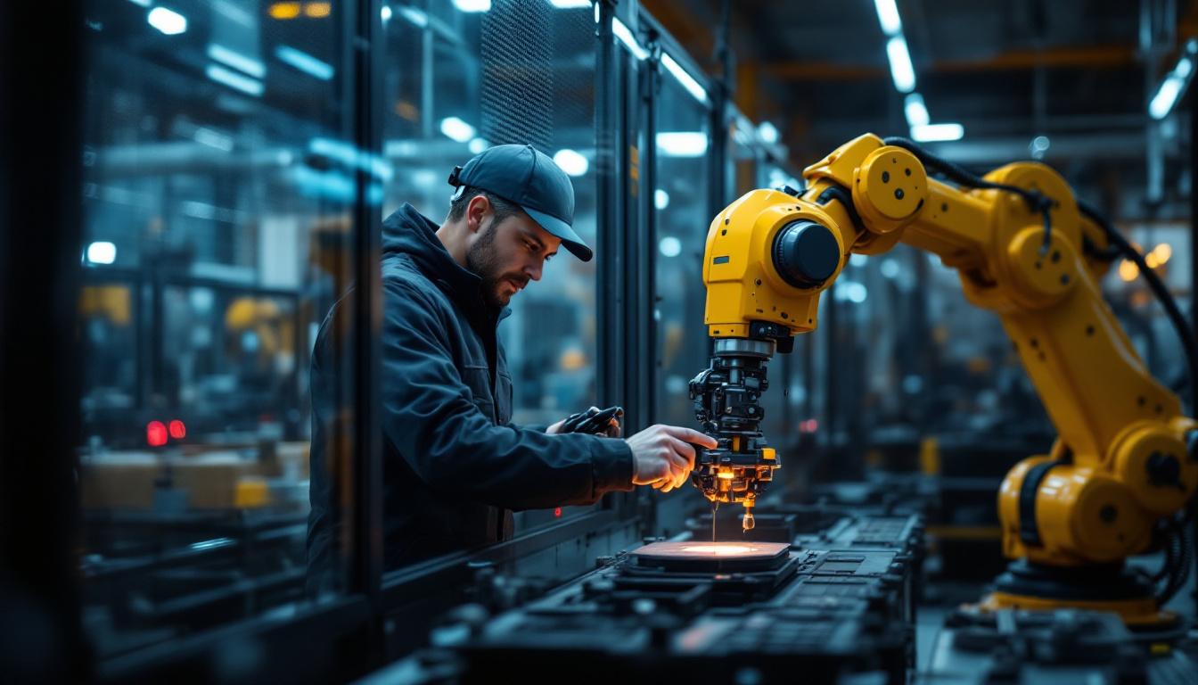 A photograph of a dynamic industrial setting showcasing a skilled engineer collaborating with advanced robotic machinery