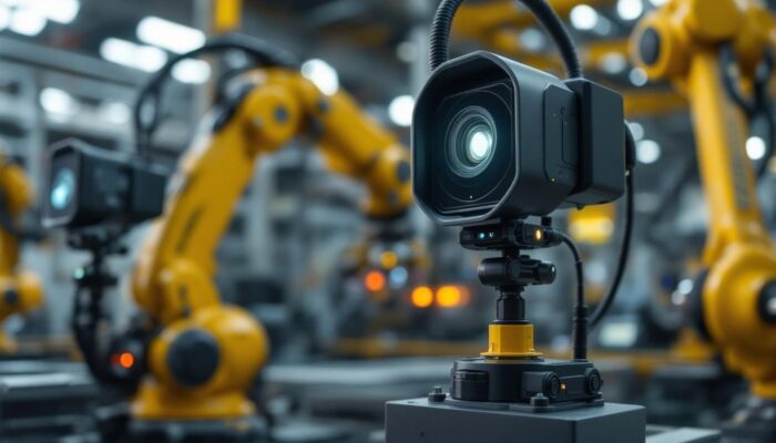 A photograph of a high-tech acoustic camera in action within an industrial setting