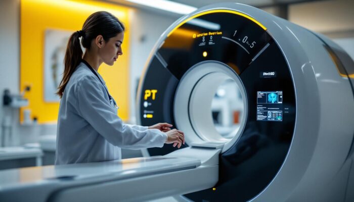 A photograph of capture a photograph of a modern pet scan machine in a clinical setting