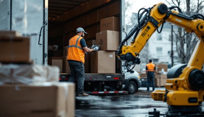 A photograph of capture a photograph of a bustling south shore massachusetts moving company in action