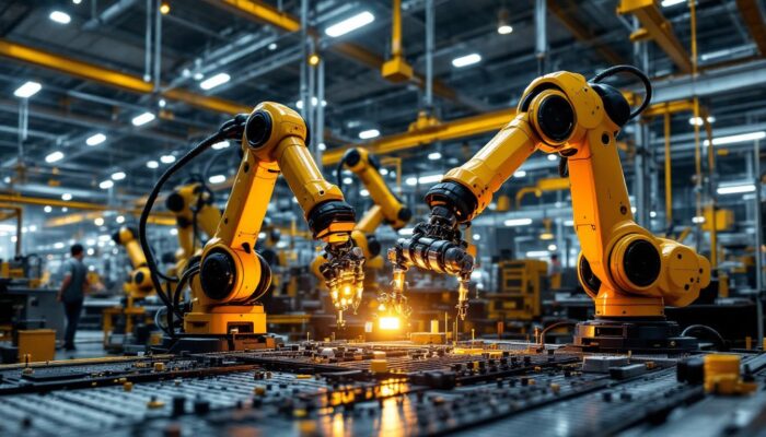 A photograph of a dynamic industrial setting showcasing a temp bot and robotic arms in action