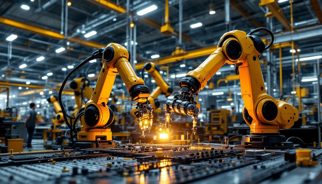 A photograph of a dynamic industrial setting showcasing a temp bot and robotic arms in action