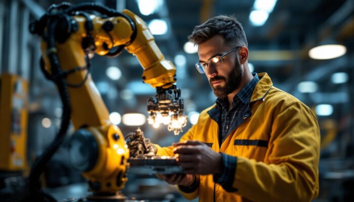 A photograph of a skilled technician operating an industrial robotic arm during an inspection process