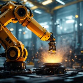 A photograph of a dynamic industrial robotic arm in action