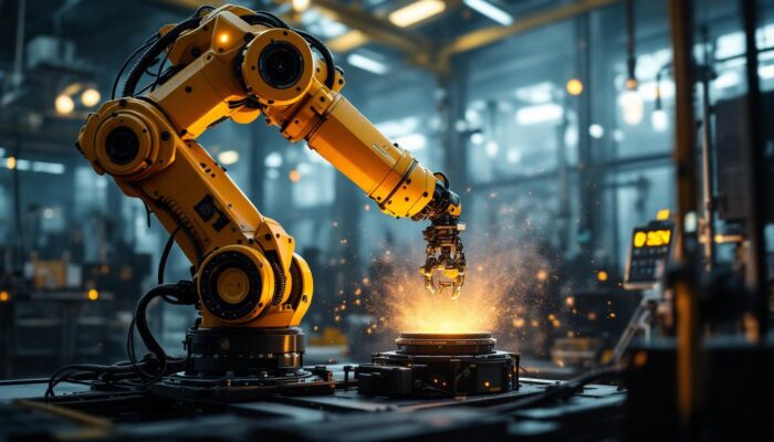 A photograph of a dynamic industrial robotic arm in action
