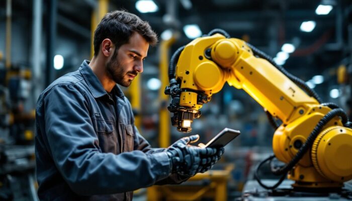 A photograph of a skilled manufacturing technician working alongside an industrial robot on the production floor