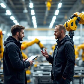 A photograph of a dynamic industrial setting featuring advanced robotic arms in action
