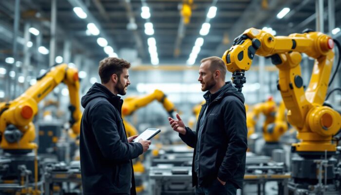 A photograph of a dynamic industrial setting featuring advanced robotic arms in action