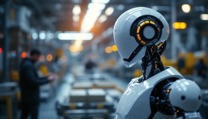 A photograph of capture a photograph of a sleek industrial robot in action within a modern manufacturing facility