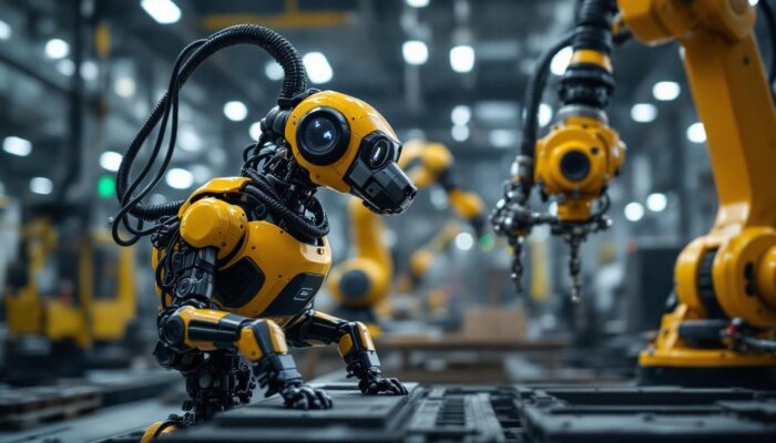 A photograph of a bolt dog in action alongside an industrial robotic arm