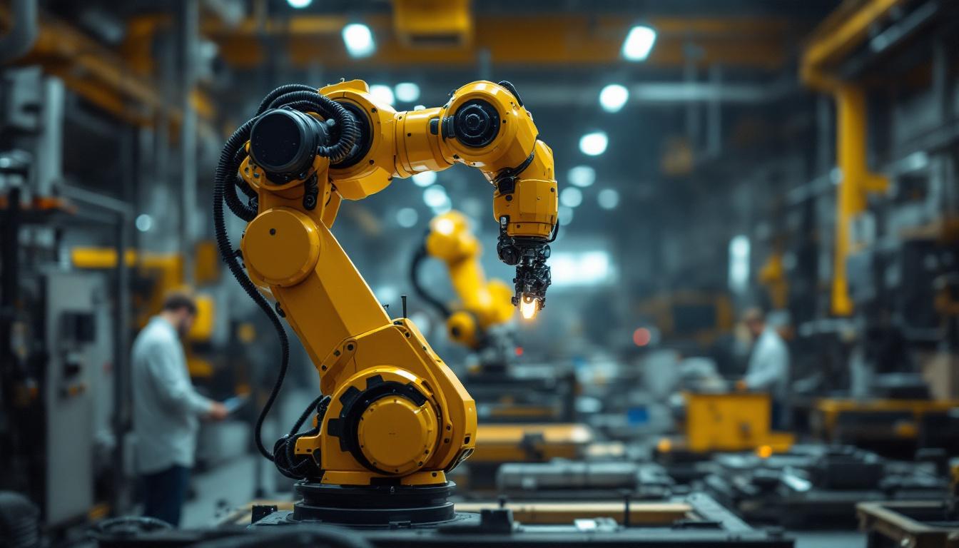 A photograph of a dynamic industrial setting showcasing a moto atlas robot in action