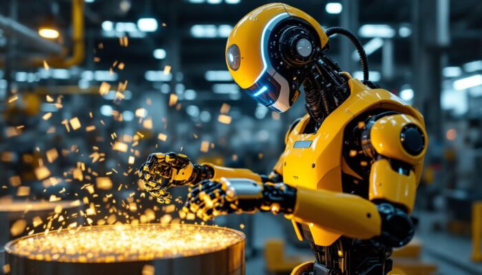 A photograph of a modern industrial robot in action