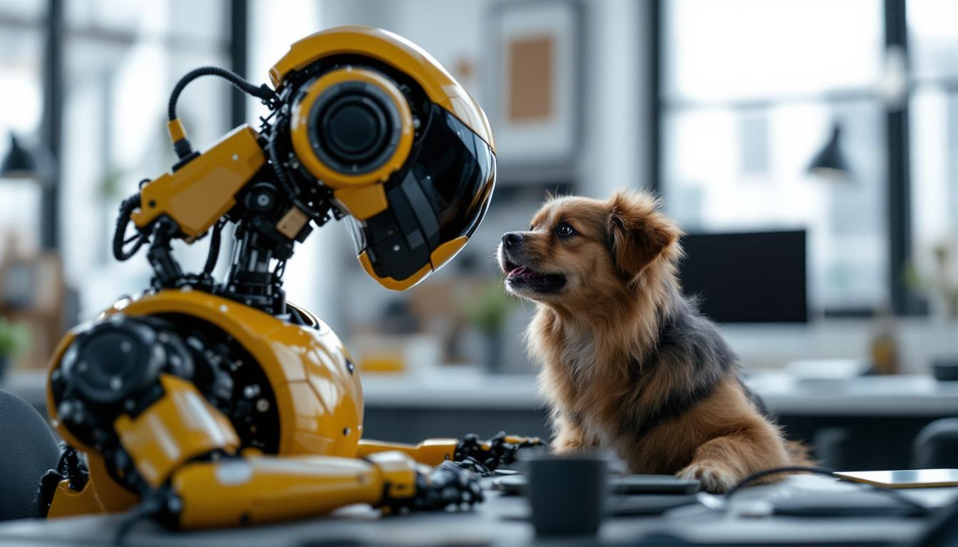 A photograph of a playful dog interacting with a sleek industrial robot in a modern workspace