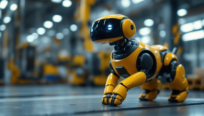 A photograph of a spot robotic dog navigating an industrial environment