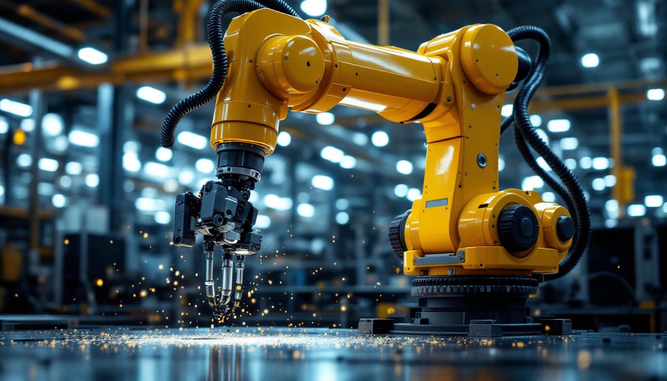 A photograph of a dynamic industrial robotic arm in action