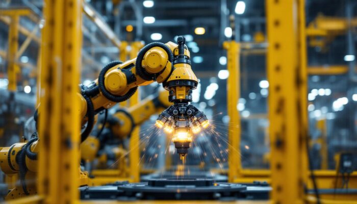 A photograph of a dynamic industrial robot in action