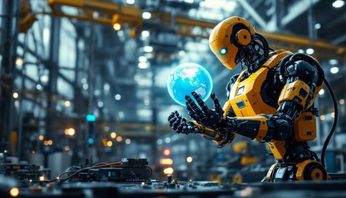 A photograph of a powerful industrial robot in action